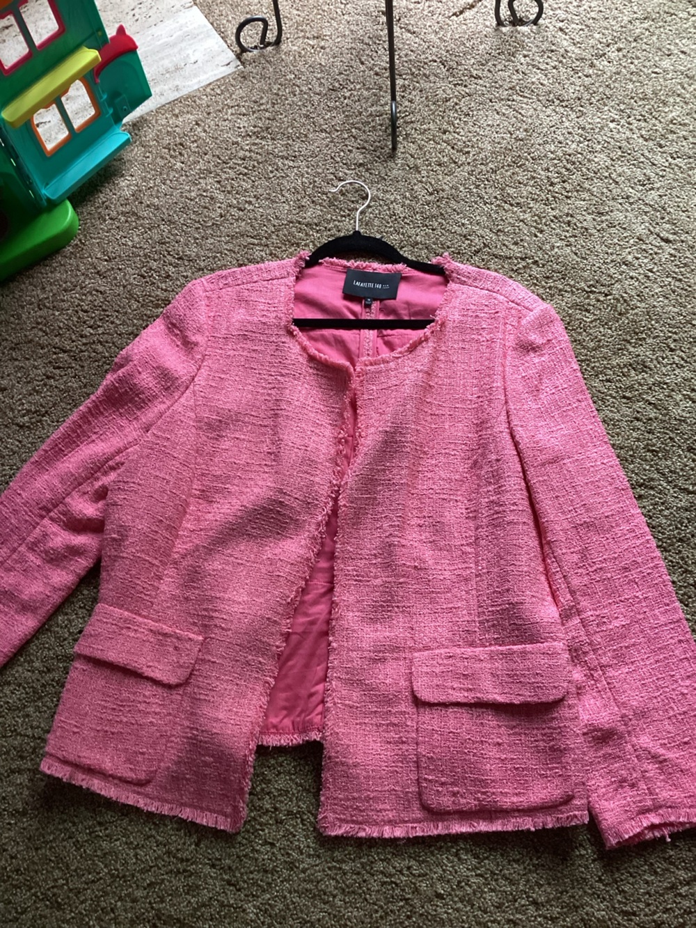 Lafayette 148 New York Pink Fringe Tweed Collarless Blazer